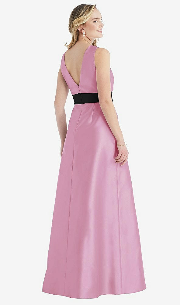 Back View - Powder Pink & Black High-Neck Bow-Waist Maxi Dress with Pockets