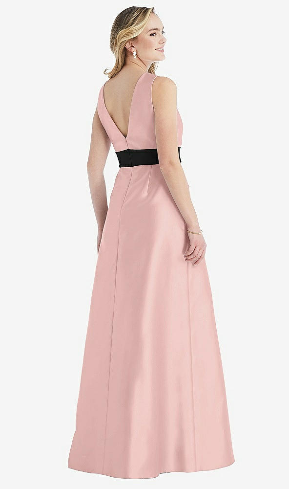 Back View - Rose Quartz & Black High-Neck Bow-Waist Maxi Dress with Pockets