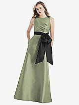 Front View Thumbnail - Sage & Black High-Neck Bow-Waist Maxi Dress with Pockets