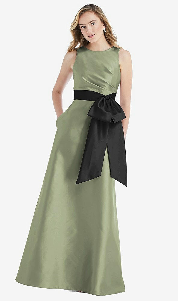 Front View - Sage & Black High-Neck Bow-Waist Maxi Dress with Pockets