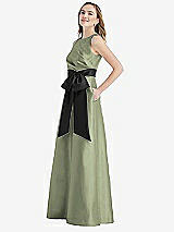 Side View Thumbnail - Sage & Black High-Neck Bow-Waist Maxi Dress with Pockets