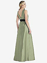 Rear View Thumbnail - Sage & Black High-Neck Bow-Waist Maxi Dress with Pockets