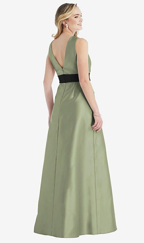 Back View - Sage & Black High-Neck Bow-Waist Maxi Dress with Pockets