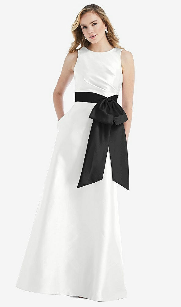 Front View - White & Black High-Neck Bow-Waist Maxi Dress with Pockets