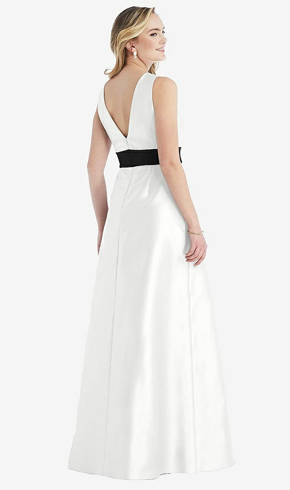 Back View - White & Black High-Neck Bow-Waist Maxi Dress with Pockets