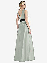 Rear View Thumbnail - Willow Green & Black High-Neck Bow-Waist Maxi Dress with Pockets