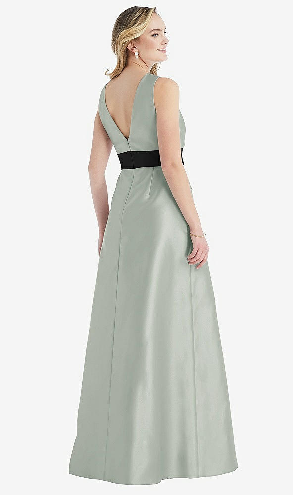 Back View - Willow Green & Black High-Neck Bow-Waist Maxi Dress with Pockets