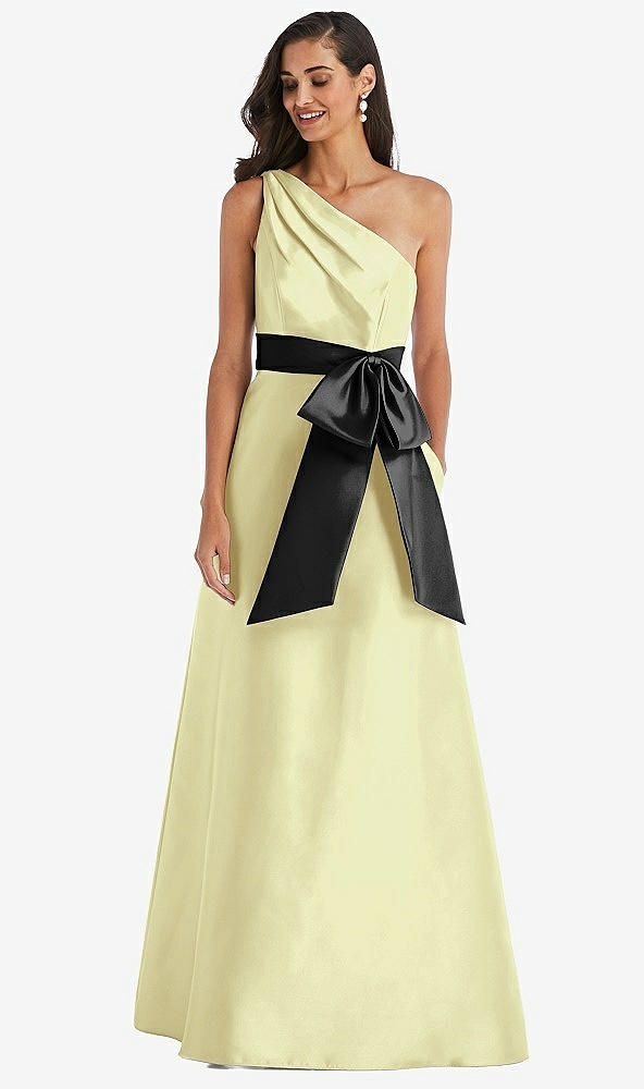 Front View - Butter Yellow & Black One-Shoulder Bow-Waist Maxi Dress with Pockets