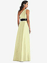 Rear View Thumbnail - Butter Yellow & Black One-Shoulder Bow-Waist Maxi Dress with Pockets