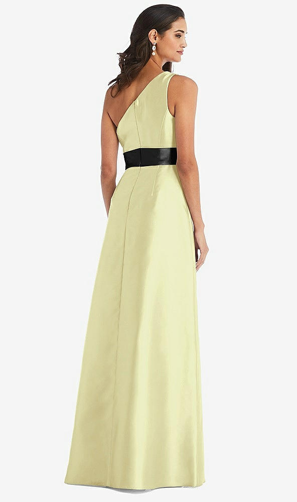 Back View - Butter Yellow & Black One-Shoulder Bow-Waist Maxi Dress with Pockets