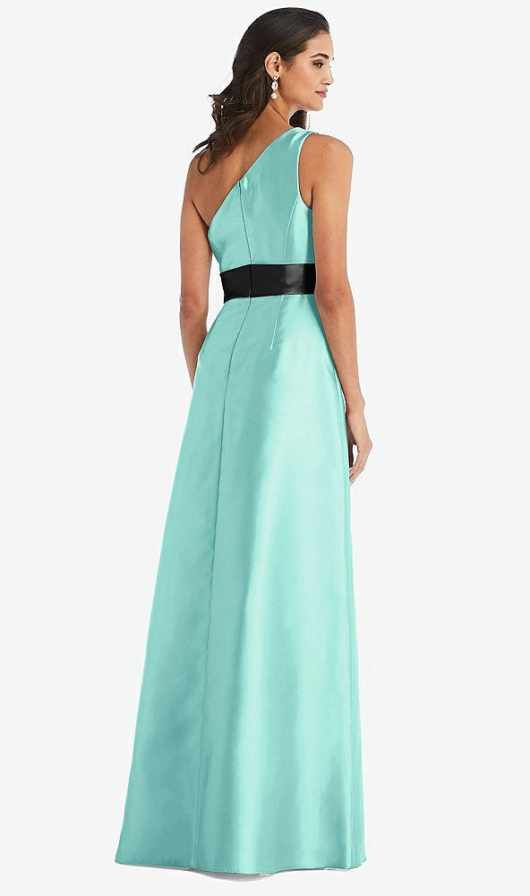 Back View - Coastal & Black One-Shoulder Bow-Waist Maxi Dress with Pockets