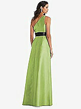 Rear View Thumbnail - Mojito & Black One-Shoulder Bow-Waist Maxi Dress with Pockets