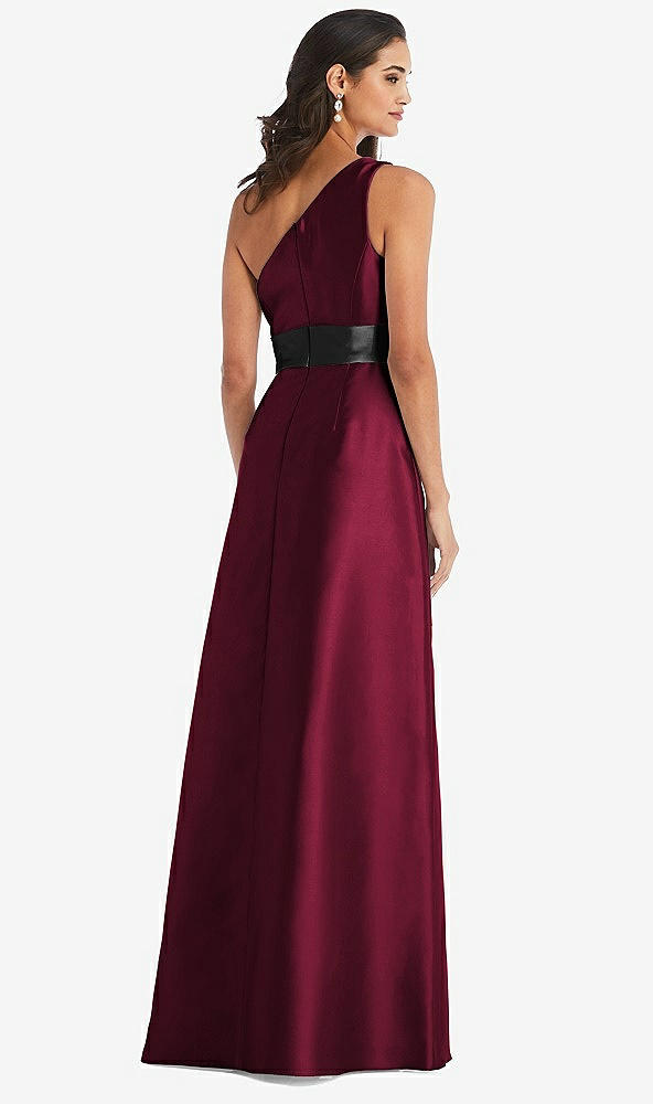 Back View - Cabernet & Black One-Shoulder Bow-Waist Maxi Dress with Pockets