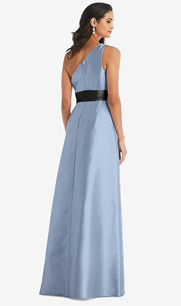 Back View - Cloudy & Black One-Shoulder Bow-Waist Maxi Dress with Pockets