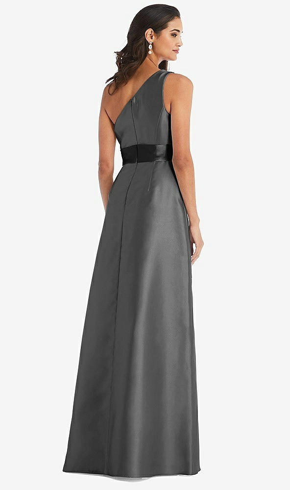 Back View - Gunmetal & Black One-Shoulder Bow-Waist Maxi Dress with Pockets