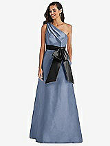 Front View Thumbnail - Larkspur Blue & Black One-Shoulder Bow-Waist Maxi Dress with Pockets