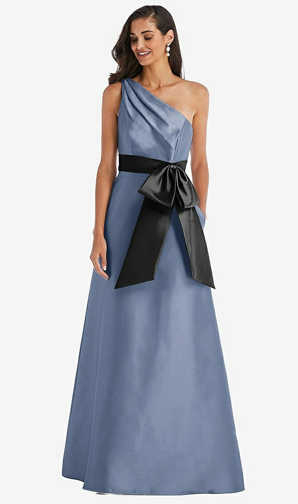 Front View - Larkspur Blue & Black One-Shoulder Bow-Waist Maxi Dress with Pockets