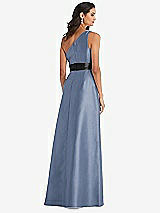 Rear View Thumbnail - Larkspur Blue & Black One-Shoulder Bow-Waist Maxi Dress with Pockets