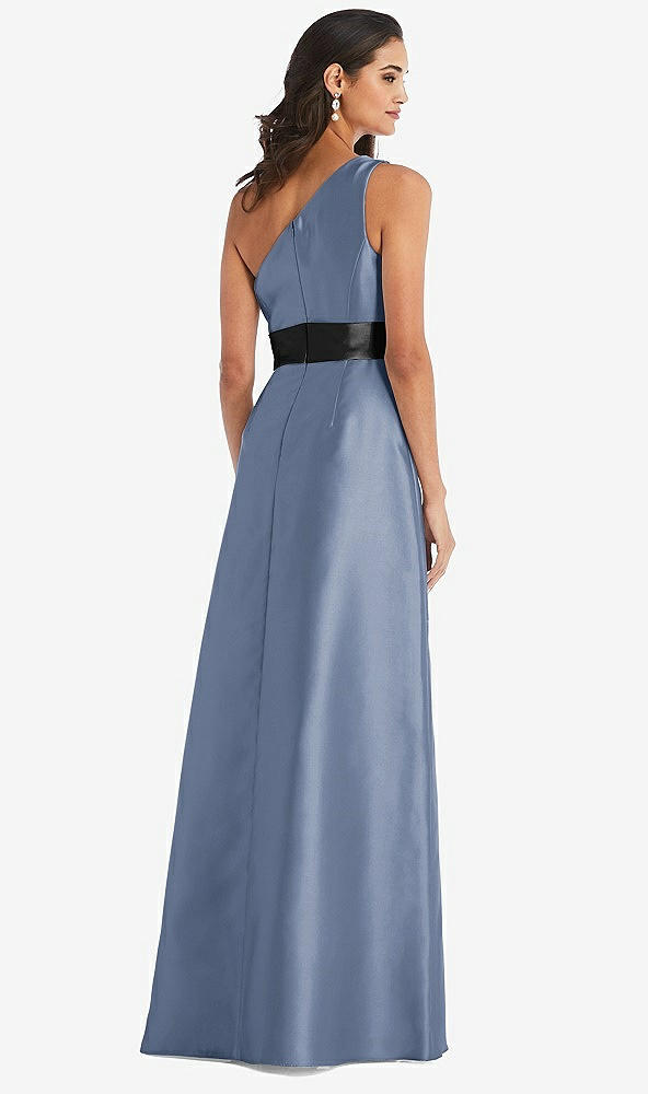 Back View - Larkspur Blue & Black One-Shoulder Bow-Waist Maxi Dress with Pockets