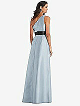 Rear View Thumbnail - Mist & Black One-Shoulder Bow-Waist Maxi Dress with Pockets