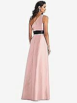 Rear View Thumbnail - Rose Quartz & Black One-Shoulder Bow-Waist Maxi Dress with Pockets