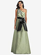 Front View Thumbnail - Sage & Black One-Shoulder Bow-Waist Maxi Dress with Pockets