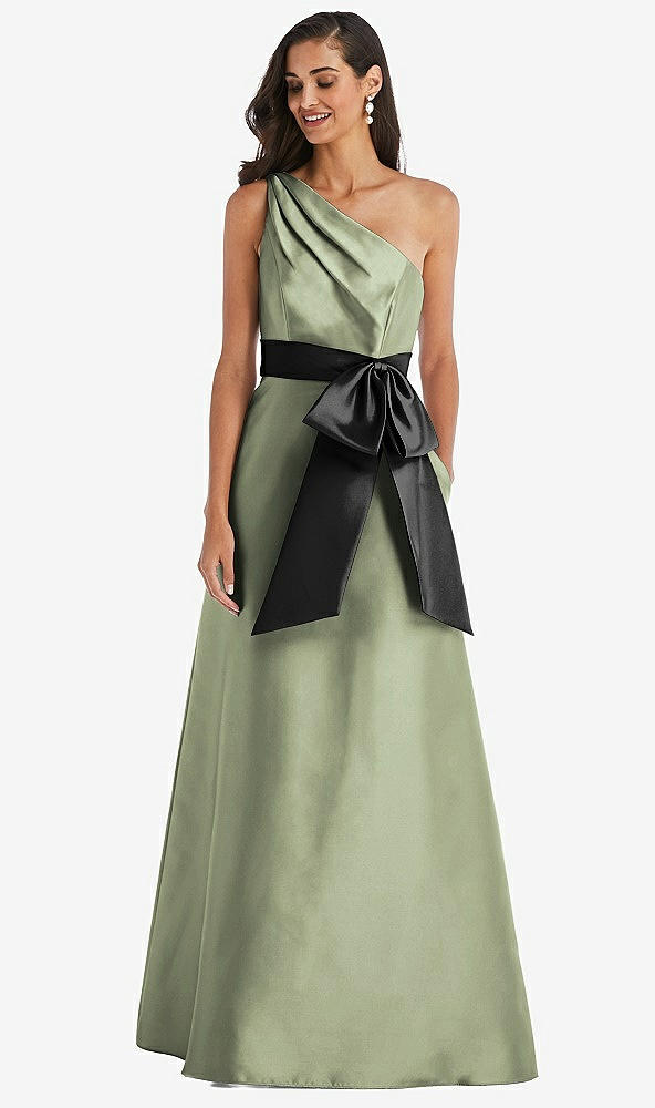 Front View - Sage & Black One-Shoulder Bow-Waist Maxi Dress with Pockets