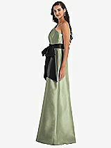 Side View Thumbnail - Sage & Black One-Shoulder Bow-Waist Maxi Dress with Pockets