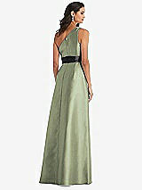 Rear View Thumbnail - Sage & Black One-Shoulder Bow-Waist Maxi Dress with Pockets