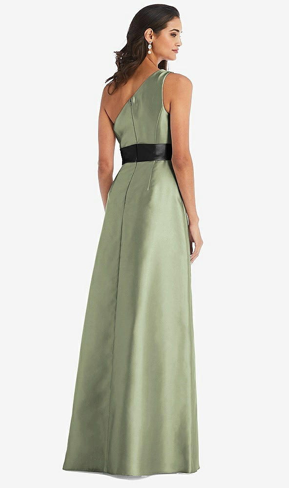 Back View - Sage & Black One-Shoulder Bow-Waist Maxi Dress with Pockets