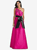 Front View Thumbnail - Think Pink & Black One-Shoulder Bow-Waist Maxi Dress with Pockets