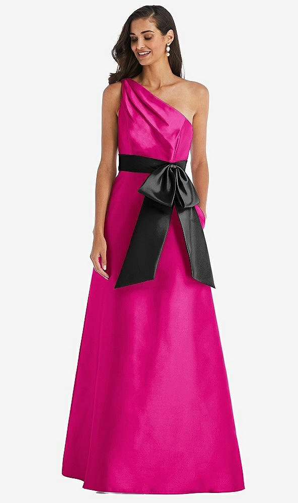 Front View - Think Pink & Black One-Shoulder Bow-Waist Maxi Dress with Pockets