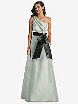 Front View Thumbnail - Willow Green & Black One-Shoulder Bow-Waist Maxi Dress with Pockets