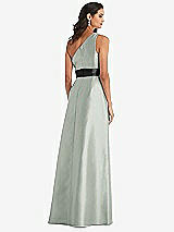 Rear View Thumbnail - Willow Green & Black One-Shoulder Bow-Waist Maxi Dress with Pockets