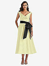 Front View Thumbnail - Butter Yellow & Black Off-the-Shoulder Bow-Waist Midi Dress with Pockets