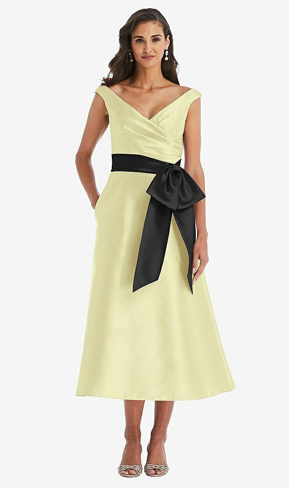 Front View - Butter Yellow & Black Off-the-Shoulder Bow-Waist Midi Dress with Pockets