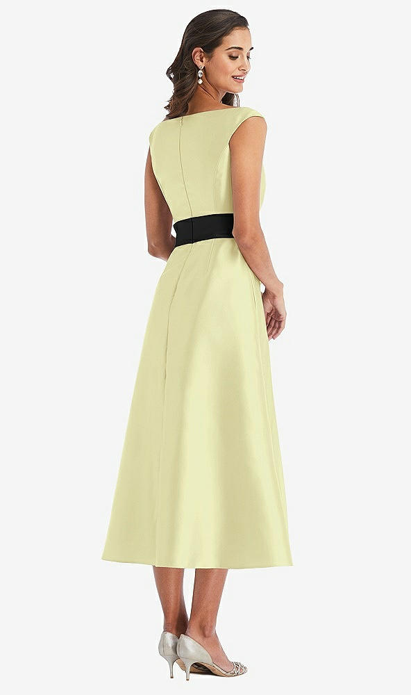 Back View - Butter Yellow & Black Off-the-Shoulder Bow-Waist Midi Dress with Pockets