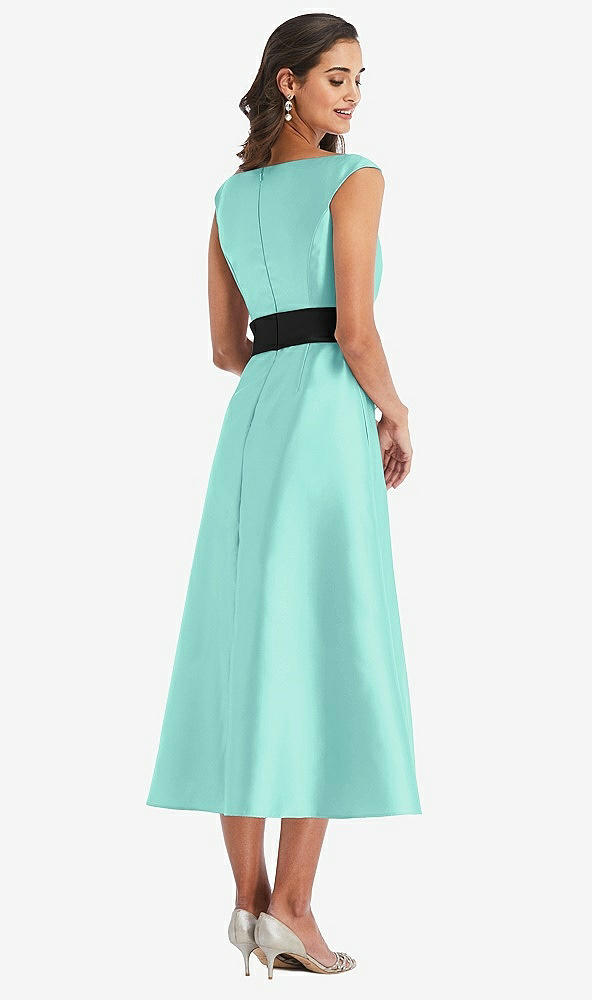 Back View - Coastal & Black Off-the-Shoulder Bow-Waist Midi Dress with Pockets