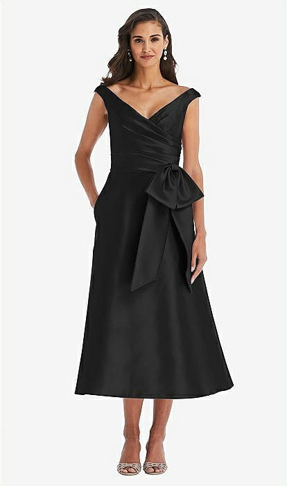 Off the shoulder Bow waist Midi Bridesmaid Dress With Pockets In Black Black The Dessy Group