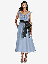 Front View Thumbnail - Cloudy & Black Off-the-Shoulder Bow-Waist Midi Dress with Pockets