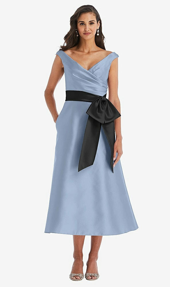 Front View - Cloudy & Black Off-the-Shoulder Bow-Waist Midi Dress with Pockets