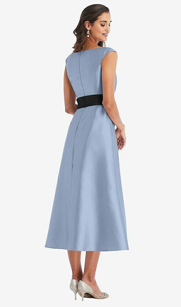 Back View - Cloudy & Black Off-the-Shoulder Bow-Waist Midi Dress with Pockets