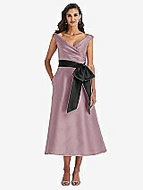 Front View Thumbnail - Dusty Rose & Black Off-the-Shoulder Bow-Waist Midi Dress with Pockets