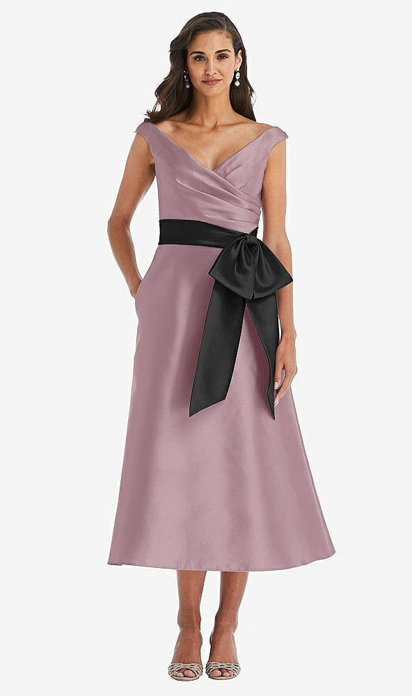 Front View - Dusty Rose & Black Off-the-Shoulder Bow-Waist Midi Dress with Pockets