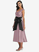 Side View Thumbnail - Dusty Rose & Black Off-the-Shoulder Bow-Waist Midi Dress with Pockets