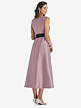 Rear View Thumbnail - Dusty Rose & Black Off-the-Shoulder Bow-Waist Midi Dress with Pockets