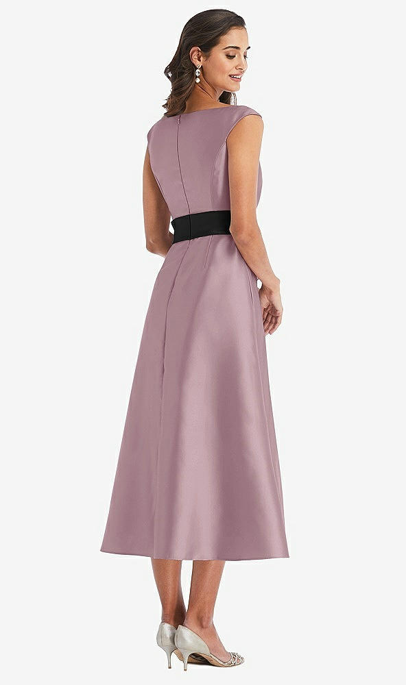 Back View - Dusty Rose & Black Off-the-Shoulder Bow-Waist Midi Dress with Pockets