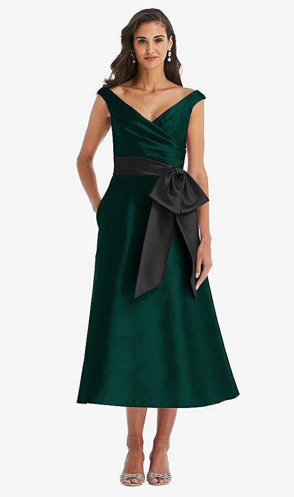 Front View - Evergreen & Black Off-the-Shoulder Bow-Waist Midi Dress with Pockets