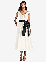 Front View Thumbnail - Ivory & Black Off-the-Shoulder Bow-Waist Midi Dress with Pockets