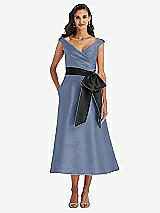 Front View Thumbnail - Larkspur Blue & Black Off-the-Shoulder Bow-Waist Midi Dress with Pockets